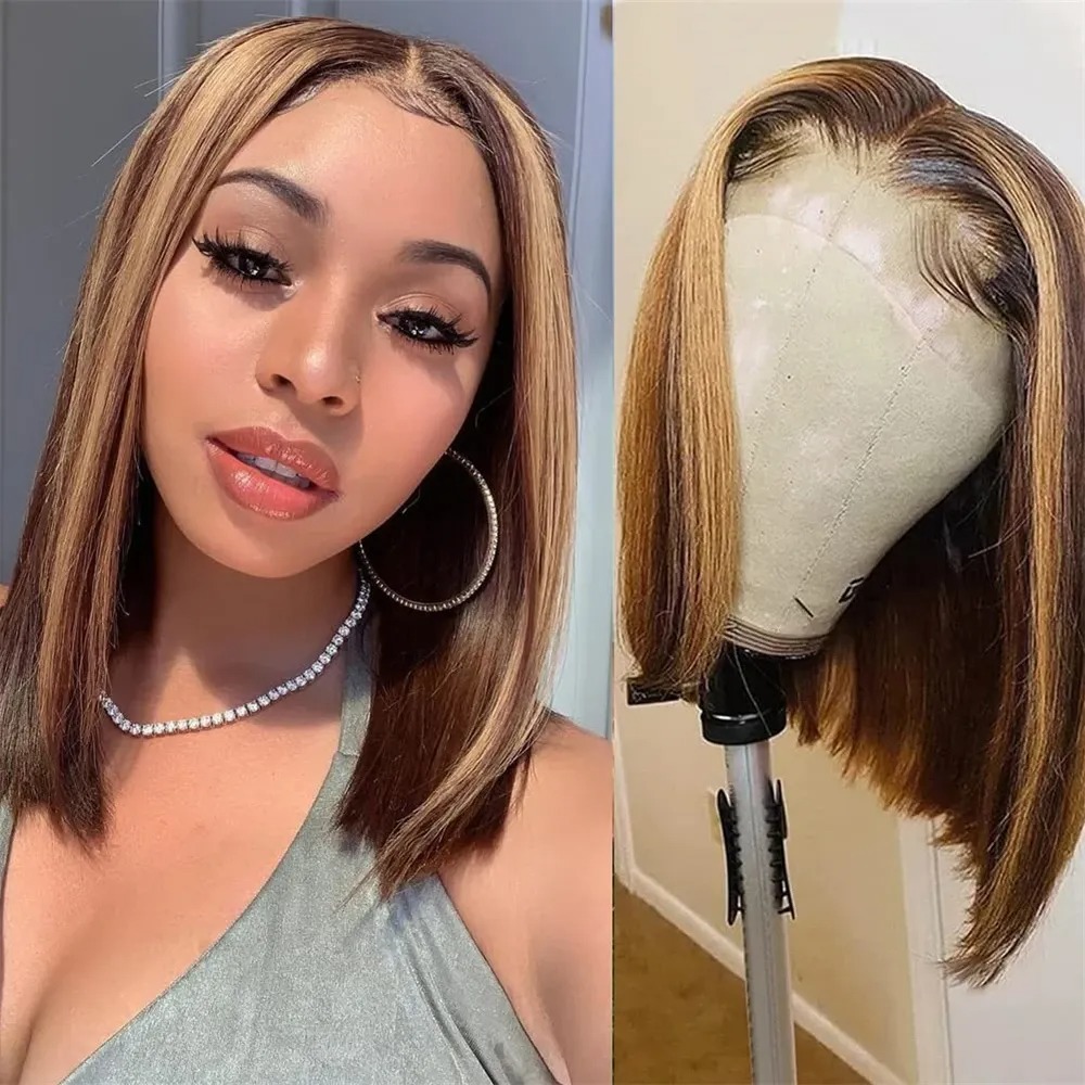 Pre Parted 13X4 Lace Front Bob Wig - Peruka blond z pasemkami, krótka peruka